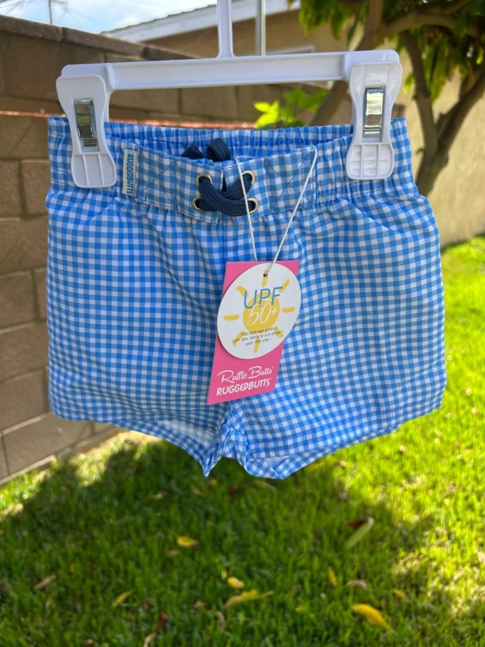 RuggedButts Blue Gingham Girls' Swim Trunks with UPF 50+